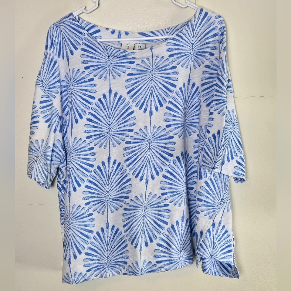 Joie 100% Cotton Leaf Abstract Coastal Chic Short Sleeve Top, Size 2X